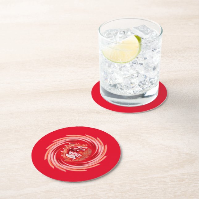 Wild Wolf Whirling red round paper drink coasters (Insitu)