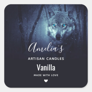Wild Wolf with Amazing Blue Eyes Candle Business Square Sticker