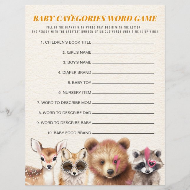 Wild Woodland Baby Shower Categories Word Game (Front)