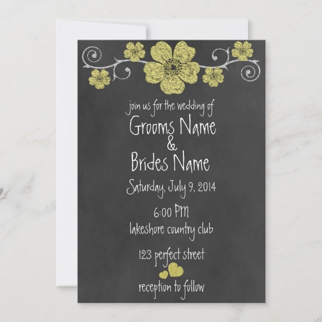 Wild Yellow Roses Chalkboard Wedding Invitation (Front)