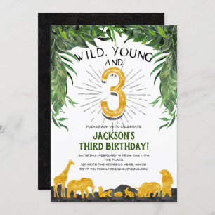 Wild young and three, Jungle animal, 3rd birthday Invitation