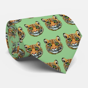 Wild Young Tiger Face Pattern on Olive Green Tie