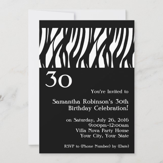 Wild Zebra Black w/White 30th Party Invitations (Front)