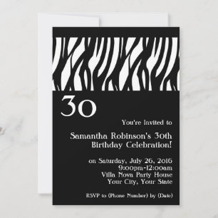 Wild Zebra Black w/White 30th Party Invitations