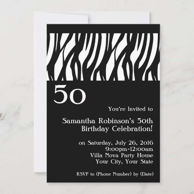 Wild Zebra Black w/White 50th Party Invitations (Front)