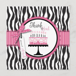Wild Zebra Print & Birthday Cake Pink Thank You Card