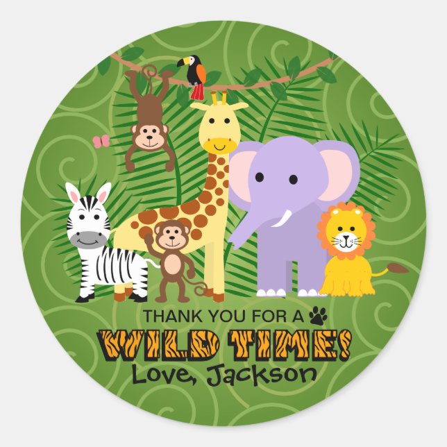 Wild Zoo Animal Jungle Safari Birthday Thank You Classic Round Sticker (Front)