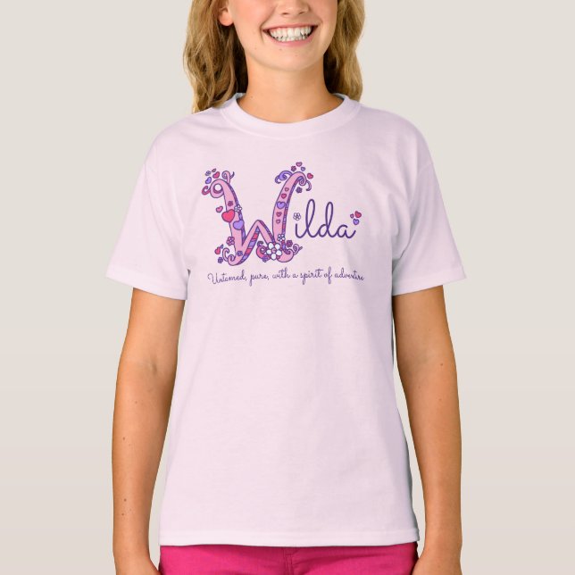 Wilda girls name meaning W monogram purple hearts T-Shirt (Front)