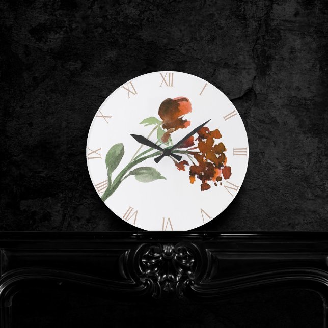 Wildbloom | Terracotta Orange Bohemian Flowers Round Clock (Creator Uploaded)