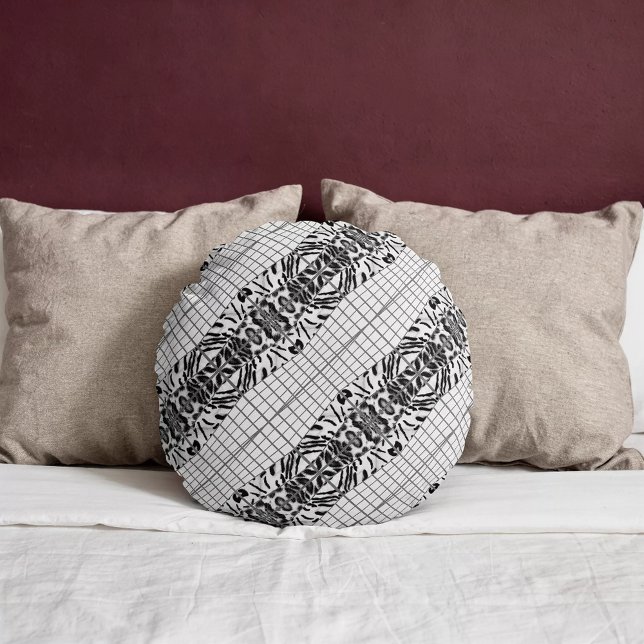 Wildcat Matrix - Bengal Cat Leopard Black & White Round Cushion (Round pillow is placed on a bed. )