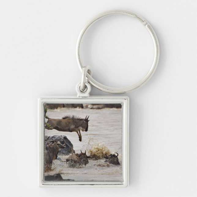 Wildebeest jumping into Mara River Key Ring (Front)