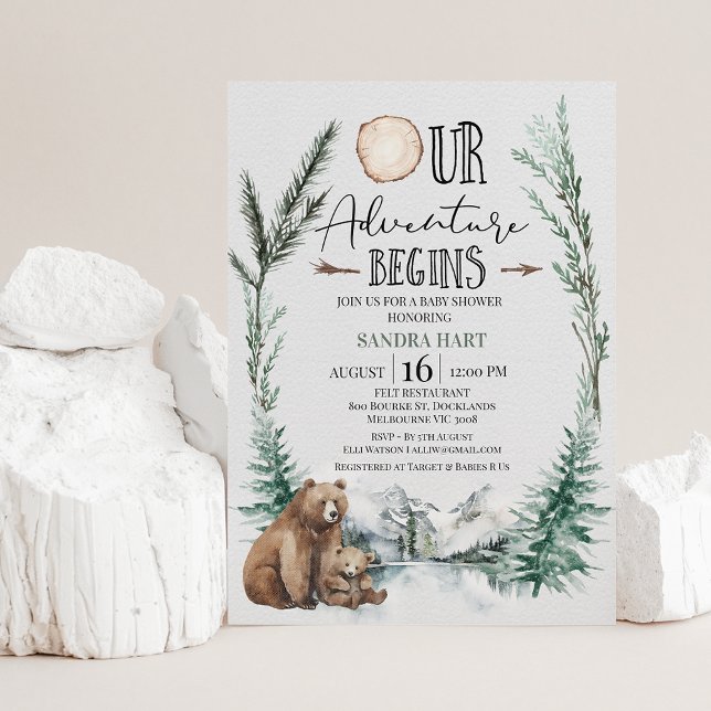 Wilderness Adventure Begins Bear Cub Baby Shower Invitation (Our adventure begins wilderness themed baby shower invitation featuring a bear and cub.)