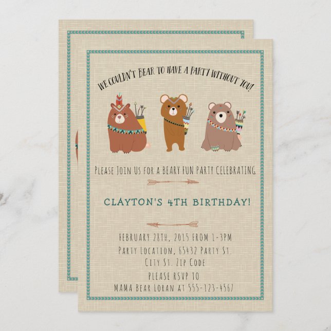 Wilderness, Boho Bears Birthday Party Invitations (Front/Back)