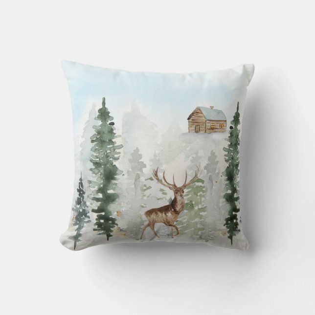 Wilderness Cabin Deer Snow Pine Trees Cushion (Front)