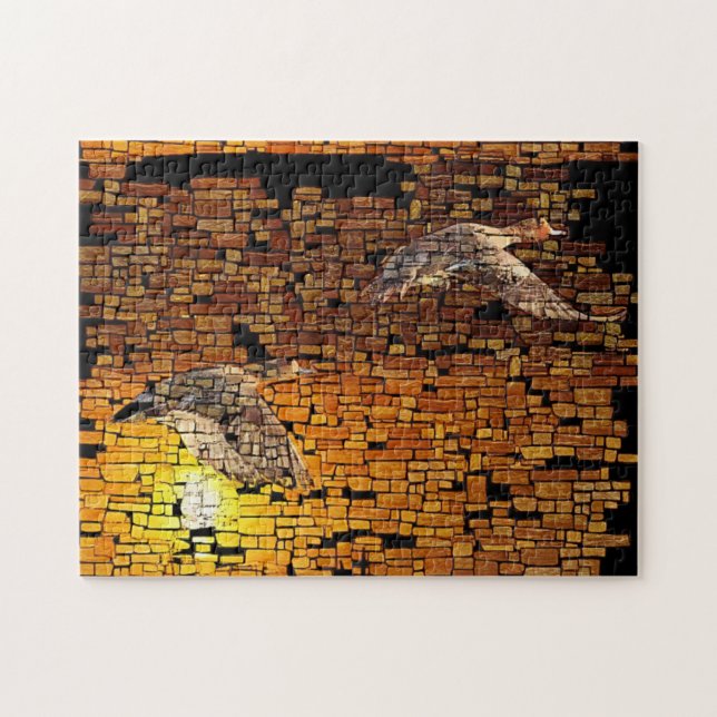 Wilderness Sunset Ducks On Stone Background Jigsaw Puzzle (Horizontal)