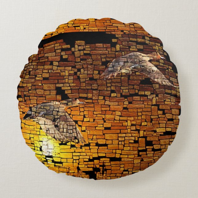 Wilderness Sunset Ducks On Stone Background Round Cushion (Front)