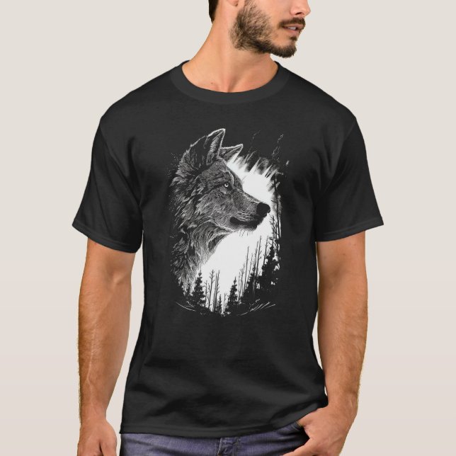 Wilderness Wanderer, Monochrome Wolf in the Night  T-Shirt (Front)