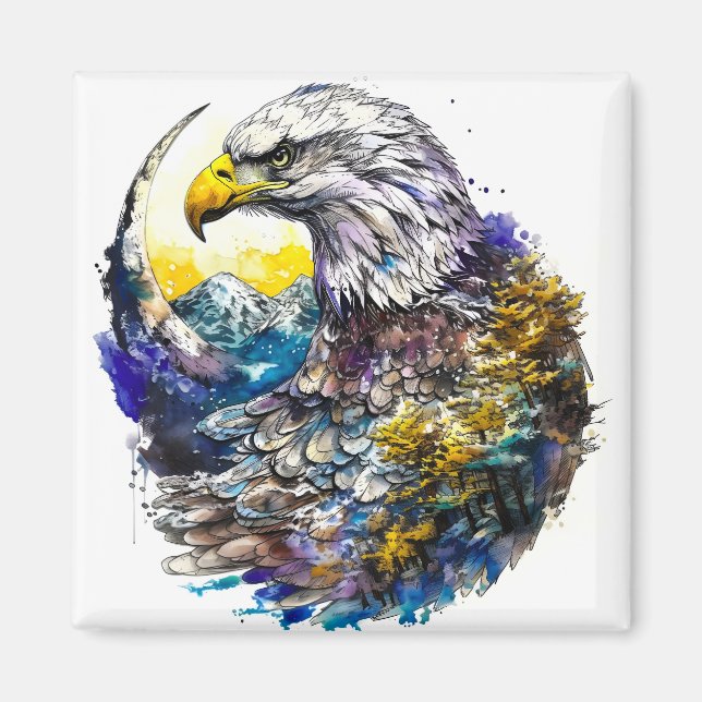 Wilderness Watercolor Forest Moon Eagle Magnet (Front)