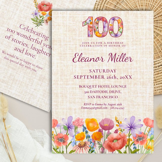 Wildflower 100th Birthday Party - Floral Number Invitation (Creator Uploaded)