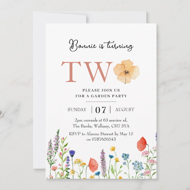 Wildflower 2nd birthday invitation, botanical 2nd invitation (Front)
