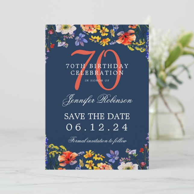 Wildflower 70th Birthday Save Date Details Navy  Invitation (Standing Front)