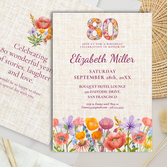 Wildflower 80th Birthday Party - Floral Number Invitation (Creator Uploaded)