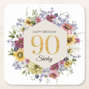 Wildflower 90th Birthday Personalized Square Paper Coaster