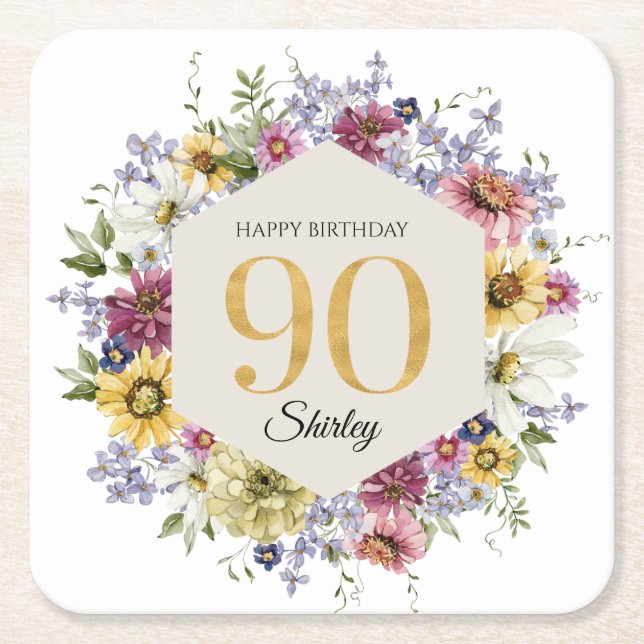 Wildflower 90th Birthday Personalized Square Paper Coaster (Front)