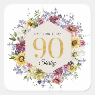 Wildflower 90th Birthday Personalized Square Sticker