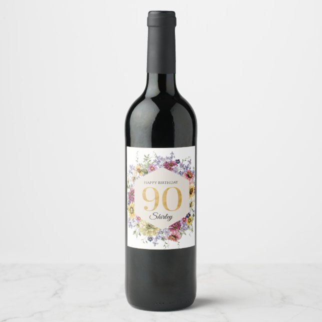 Wildflower 90th Birthday Personalized Wine Label (Front)