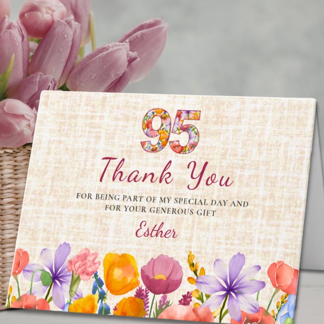 Wildflower 95th Birthday Party - Floral Number Thank You Card (Creator Uploaded)