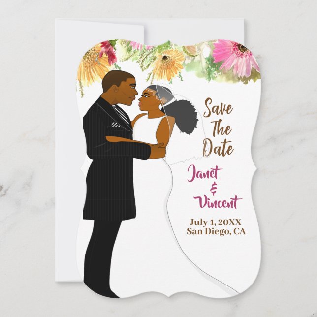 Wildflower African American Wedding Save-The-date  (Front)