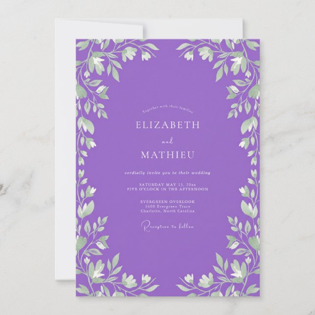 Wildflower Amethyst Leafy Wedding Invitation (Front)