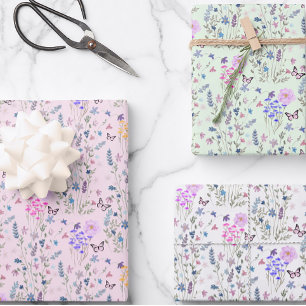 Wildflower and butterflies floral garden pink wrapping paper sheet