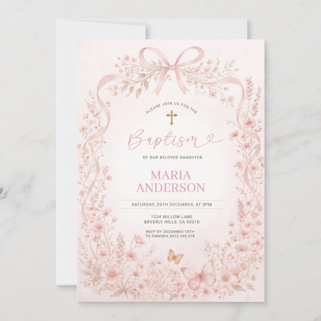 wildflower and butterfly Baptism Invite with Cross (Front)
