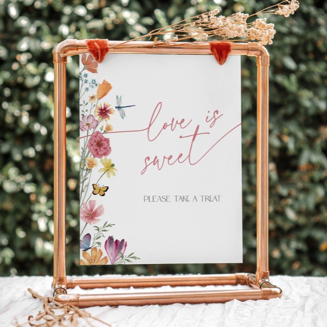 Wildflower and Butterfly Love is Sweet Dessert Pedestal Sign (Love is sweet, please take a treat sign with wildflowers and butterflies)