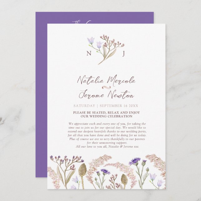 Wildflower and grasses watercolor wedding program programme (Front/Back)