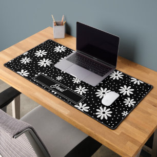 Wildflower and Polka Dot Pattern - Black and White Desk Mat