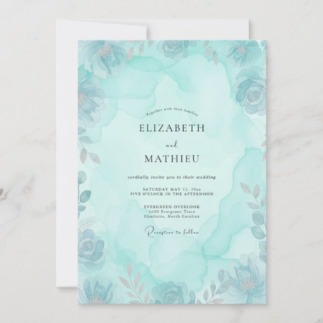 Wildflower Aqua Painted Peony Wedding Invitation (Front)