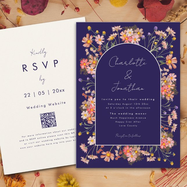 Wildflower Arch Navy Blue Terracotta Fall Wedding Invitation (Wildflower arch boho script navy blue terracotta burnt orange fall wedding invitation)