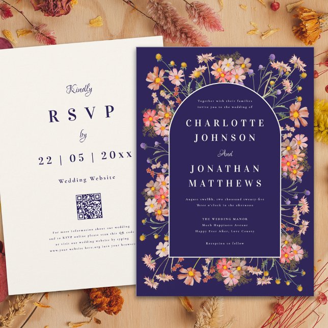 Wildflower Arch Navy Terracotta Fall Wedding Invitation (Elegant wildflower arch navy blue terracotta burnt orange peach fall wedding invitation With QR code)