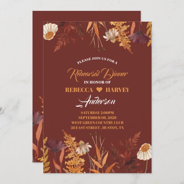 Wildflower Autumn Fall Wedding rehearsal dinner Invitation (Front/Back)