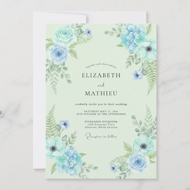 Wildflower Azure Mint Fern Wedding Invitation (Front)
