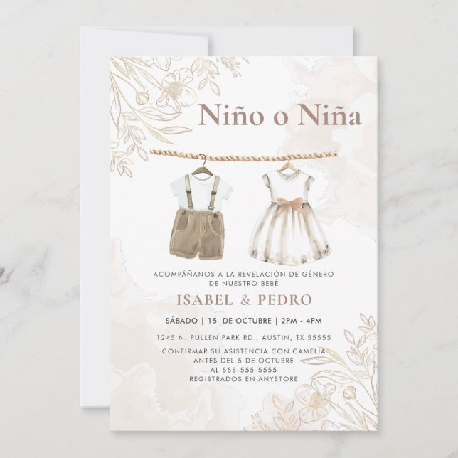 Wildflower Baby Clothes Spanish Gender Reveal Invitation (Front)