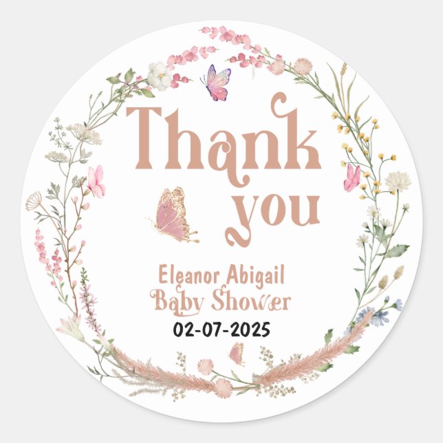 Wildflower Baby Girl Shower Thank You Custom Classic Round Sticker (Front)