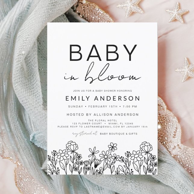 Wildflower Baby in Bloom Baby Shower Black White I Invitation (Creator Uploaded)