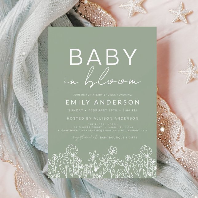 Wildflower Baby in Bloom Baby Shower Sage Green Invitation (Creator Uploaded)