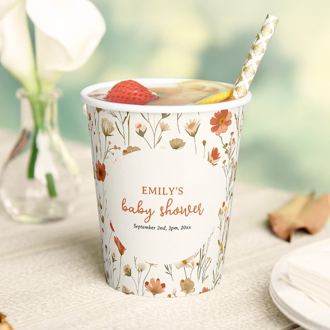 Wildflower Baby in Bloom Boho Fall Baby Shower Paper Cups (Celebrate the expecting mom with this floral wildflower baby shower theme!)