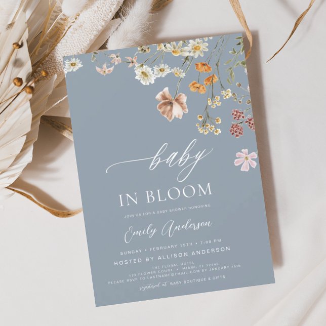 Wildflower Baby in Bloom Dusty Blue Shower  Invitation (Creator Uploaded)