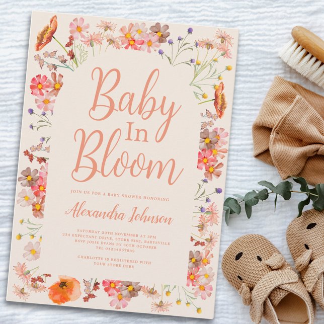 Wildflower baby in bloom Fall Girl Invitation (Boho chic wildflower baby shower invitation watercolor floral gender neutral fall invite)